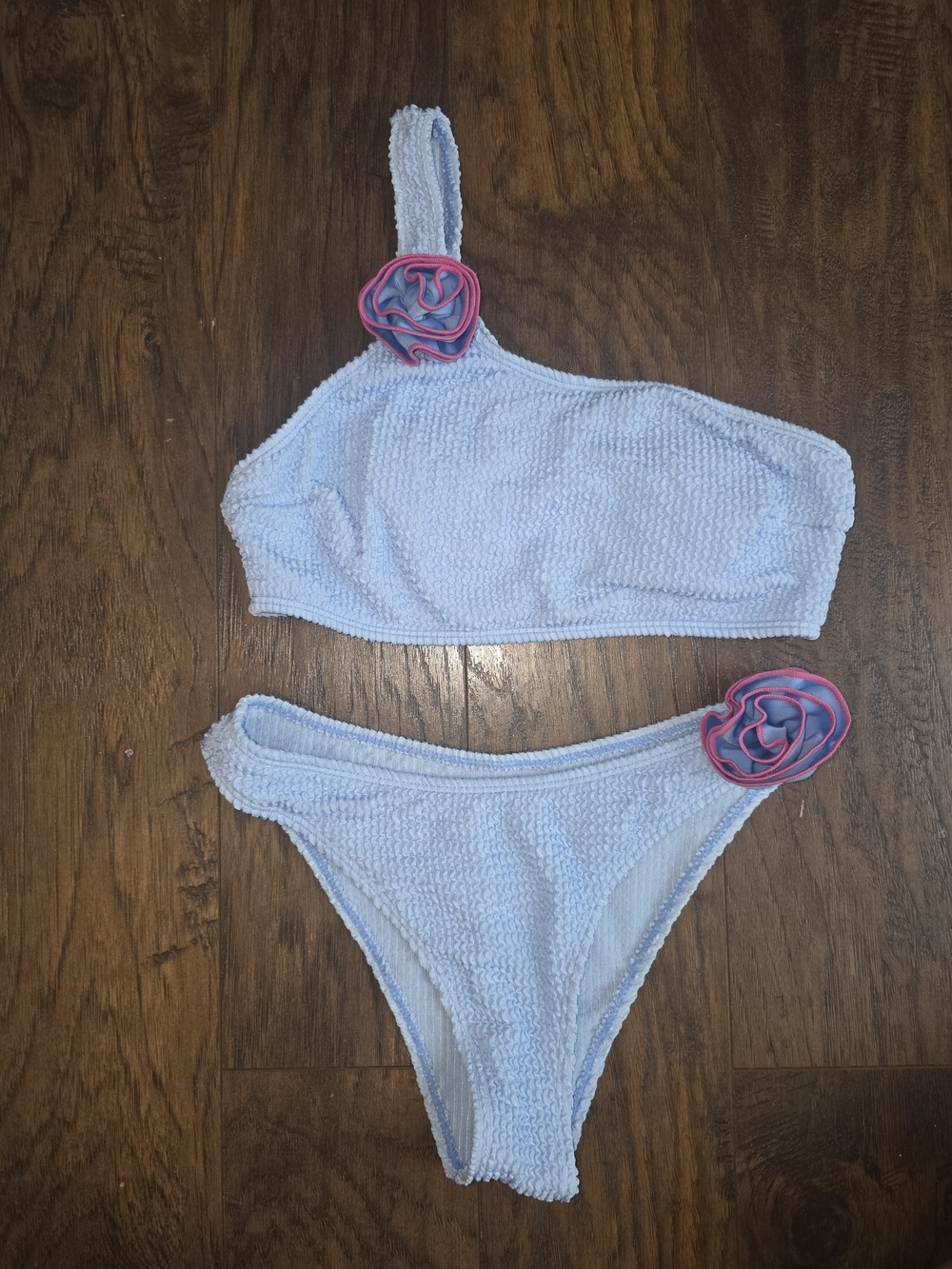 Light Blue Vintage Inspired One-Shoulder Textured Bikini with Pink Floral